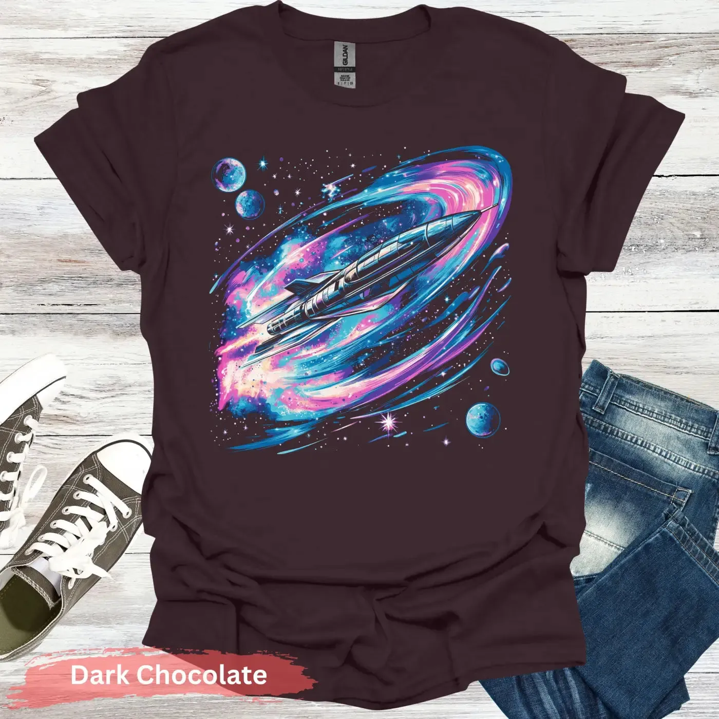 Vibrant Space Rocket and Planets T-shirt