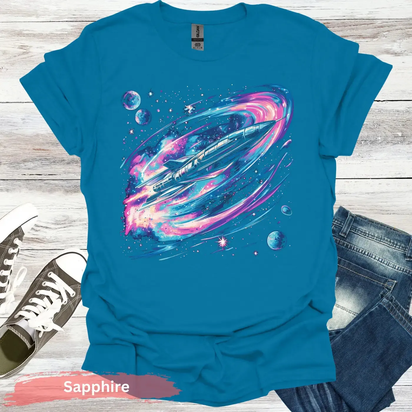 Vibrant Space Rocket and Planets T-shirt