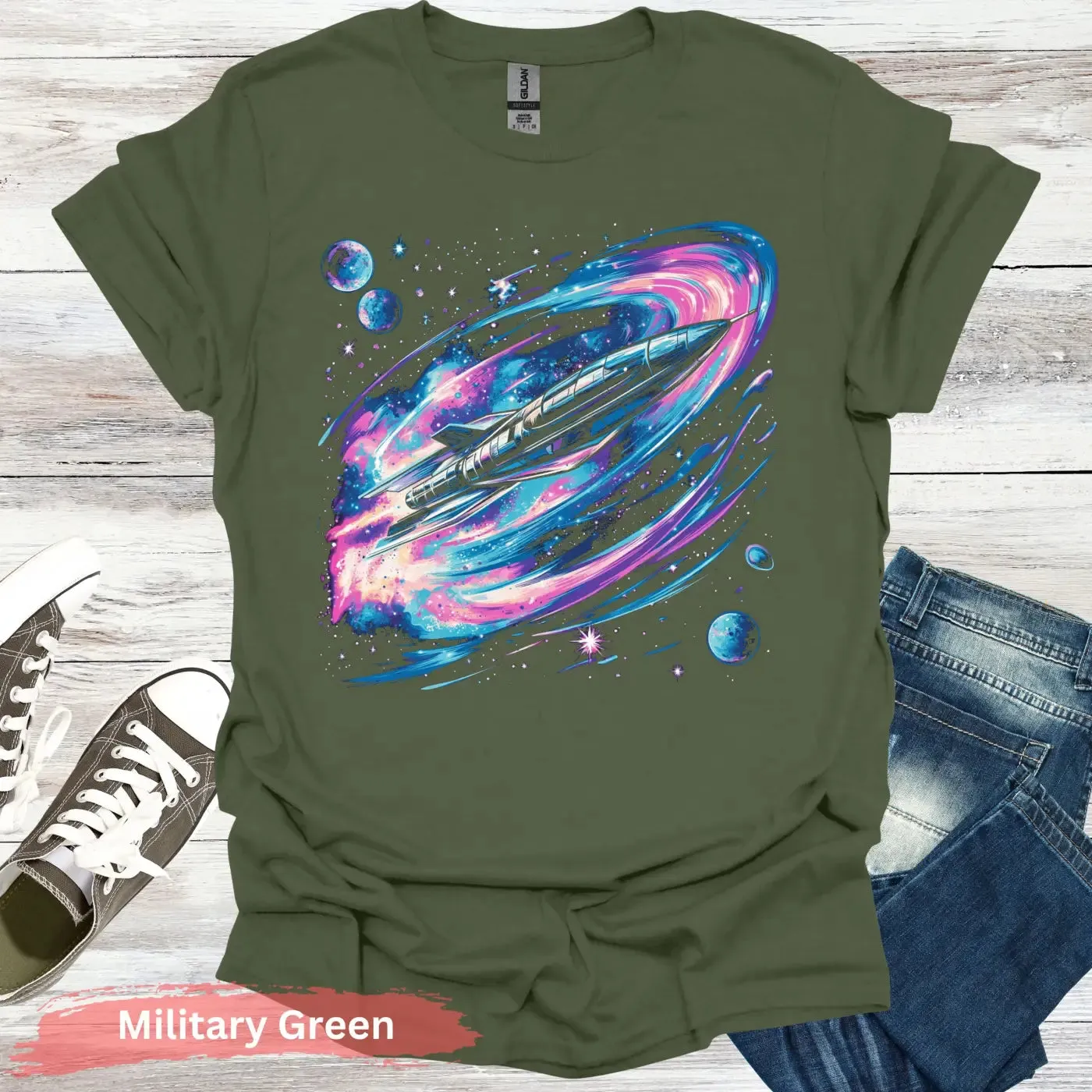 Vibrant Space Rocket and Planets T-shirt