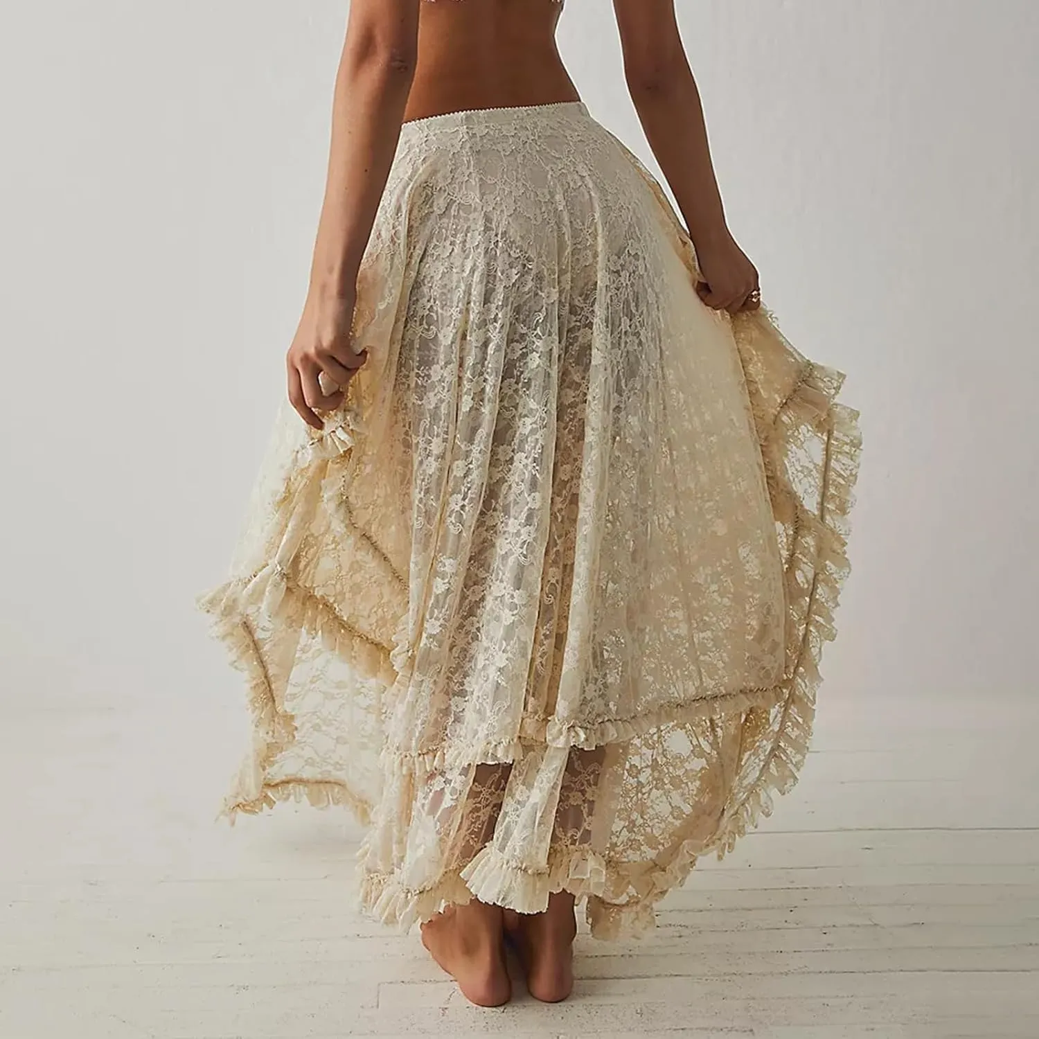 Women Y2K Lace Long Skirts Layered Hem Sheer See Through Festival Flowy A-line Maxi Skirts Boho Beach Floral Dress