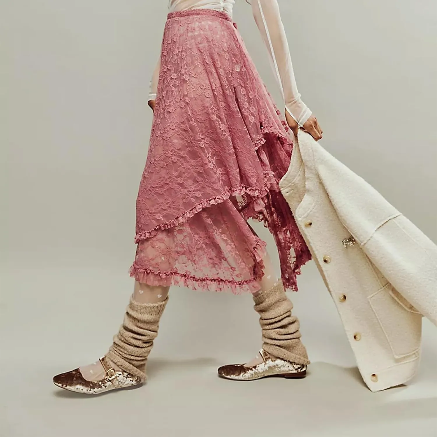 Women Y2K Lace Long Skirts Layered Hem Sheer See Through Festival Flowy A-line Maxi Skirts Boho Beach Floral Dress