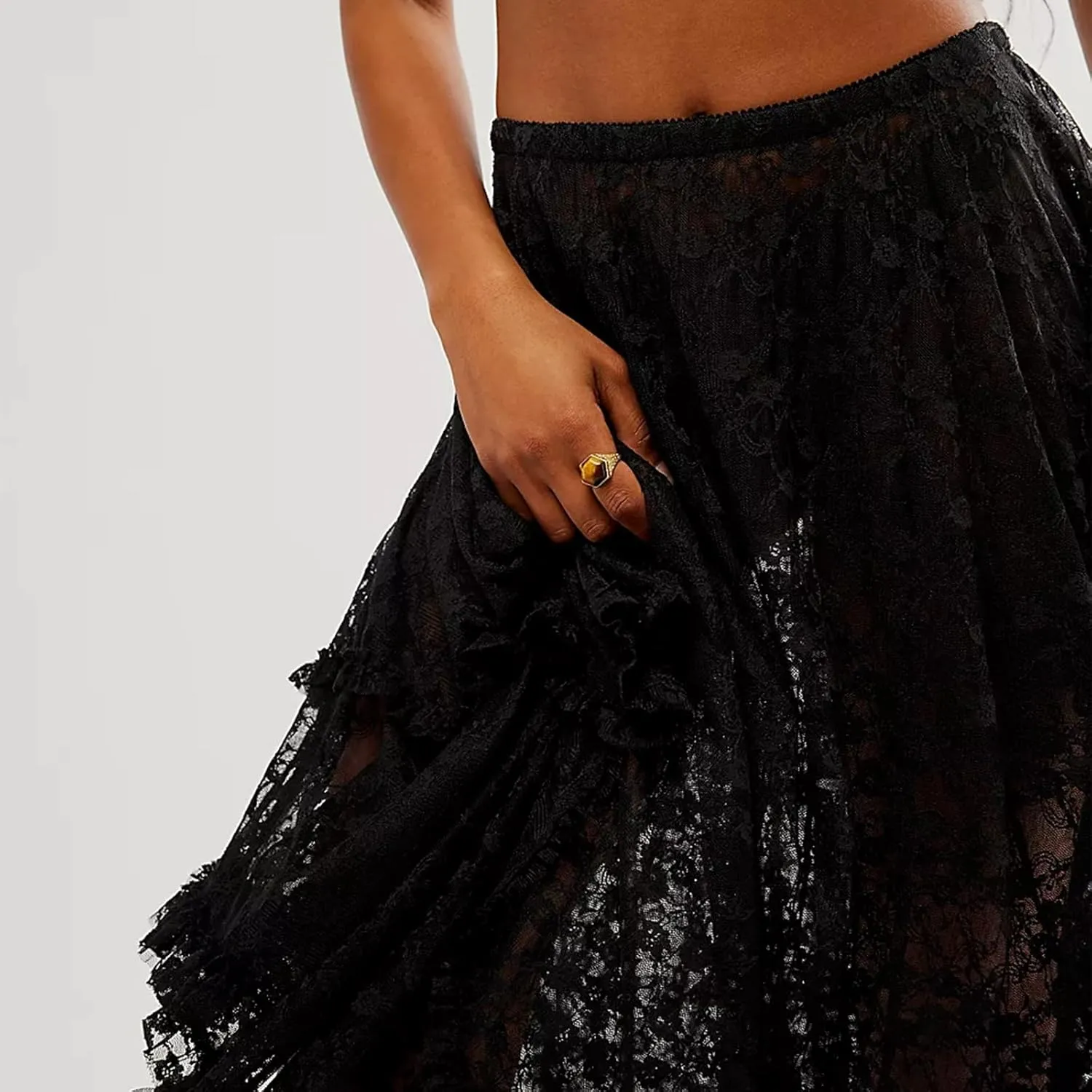 Women Y2K Lace Long Skirts Layered Hem Sheer See Through Festival Flowy A-line Maxi Skirts Boho Beach Floral Dress