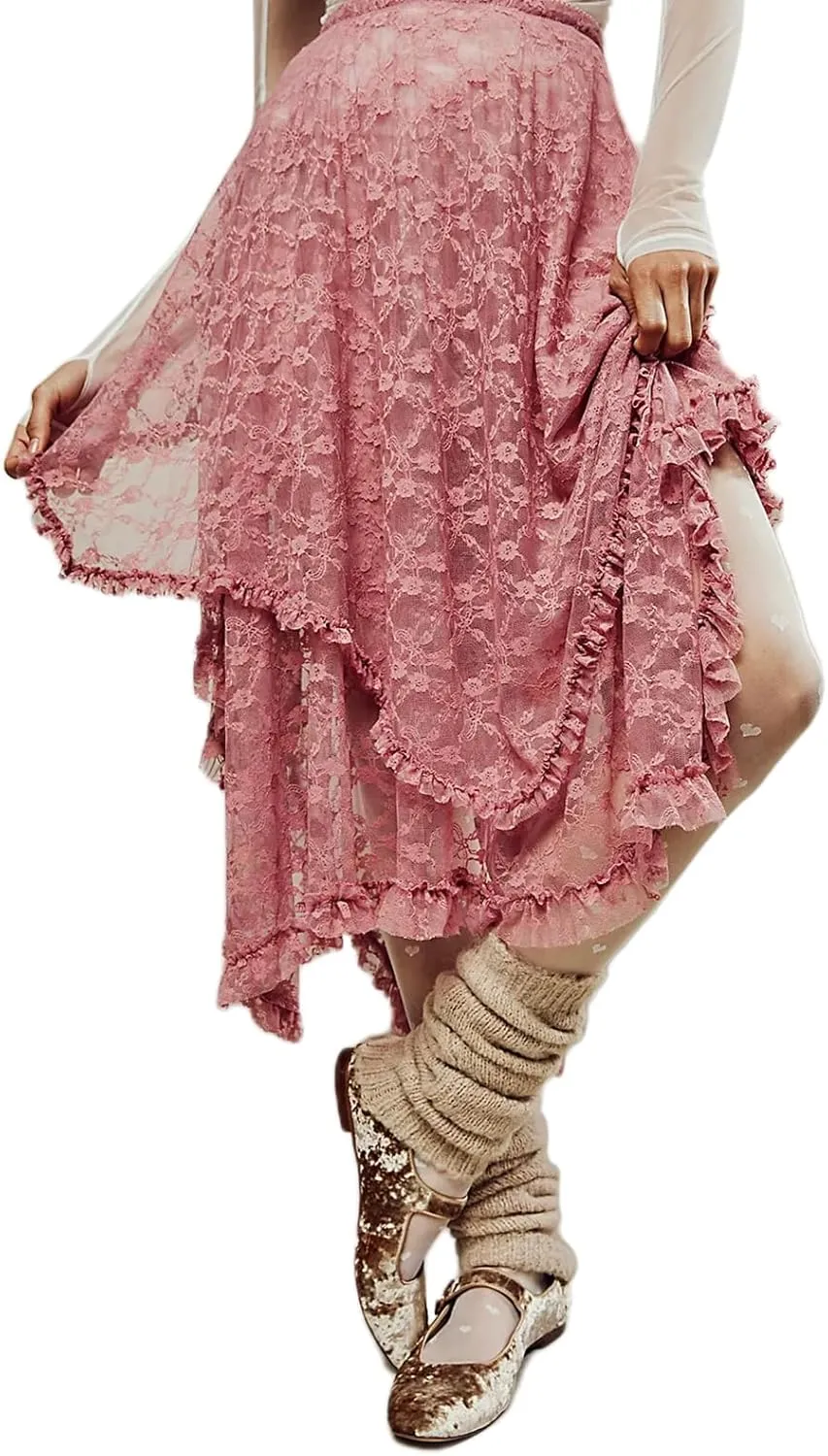 Women Y2K Lace Long Skirts Layered Hem Sheer See Through Festival Flowy A-line Maxi Skirts Boho Beach Floral Dress
