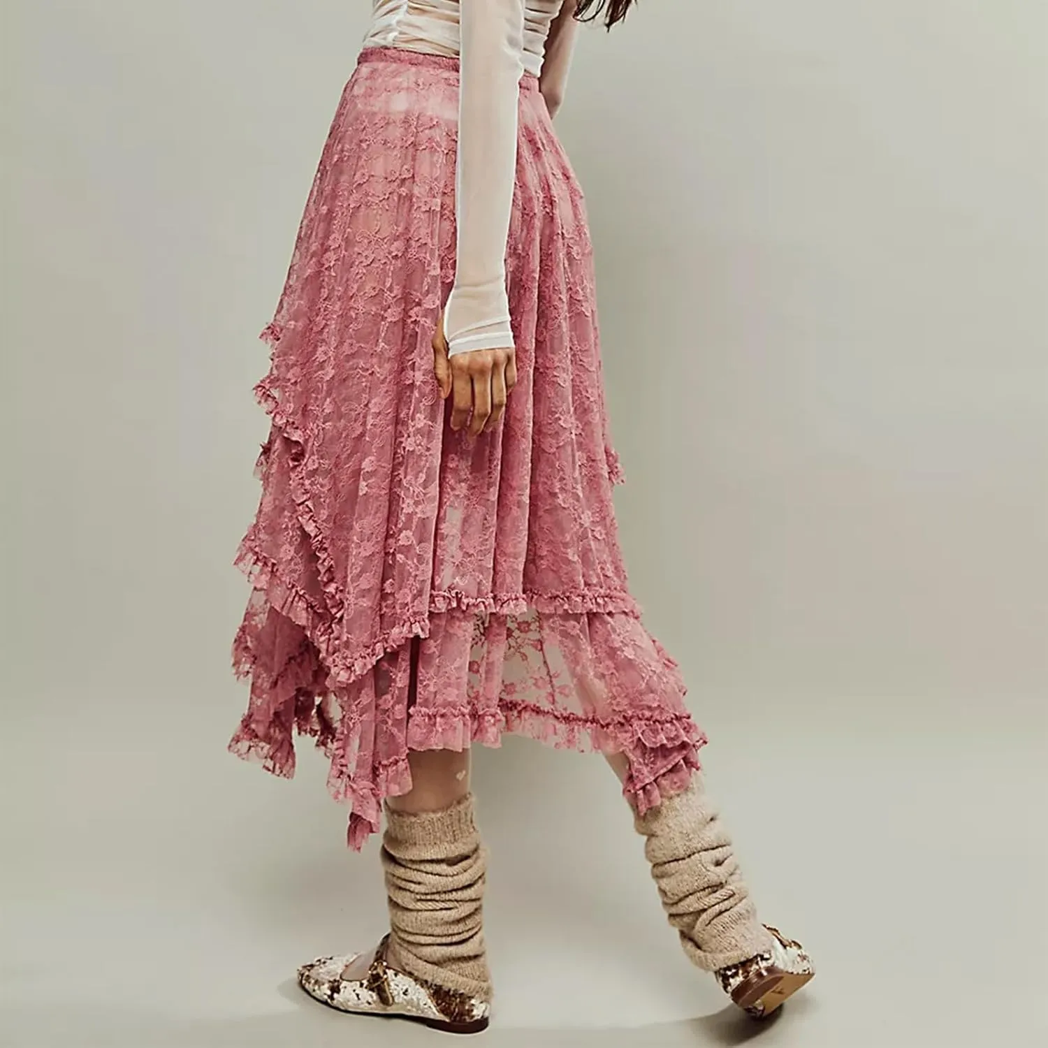 Women Y2K Lace Long Skirts Layered Hem Sheer See Through Festival Flowy A-line Maxi Skirts Boho Beach Floral Dress