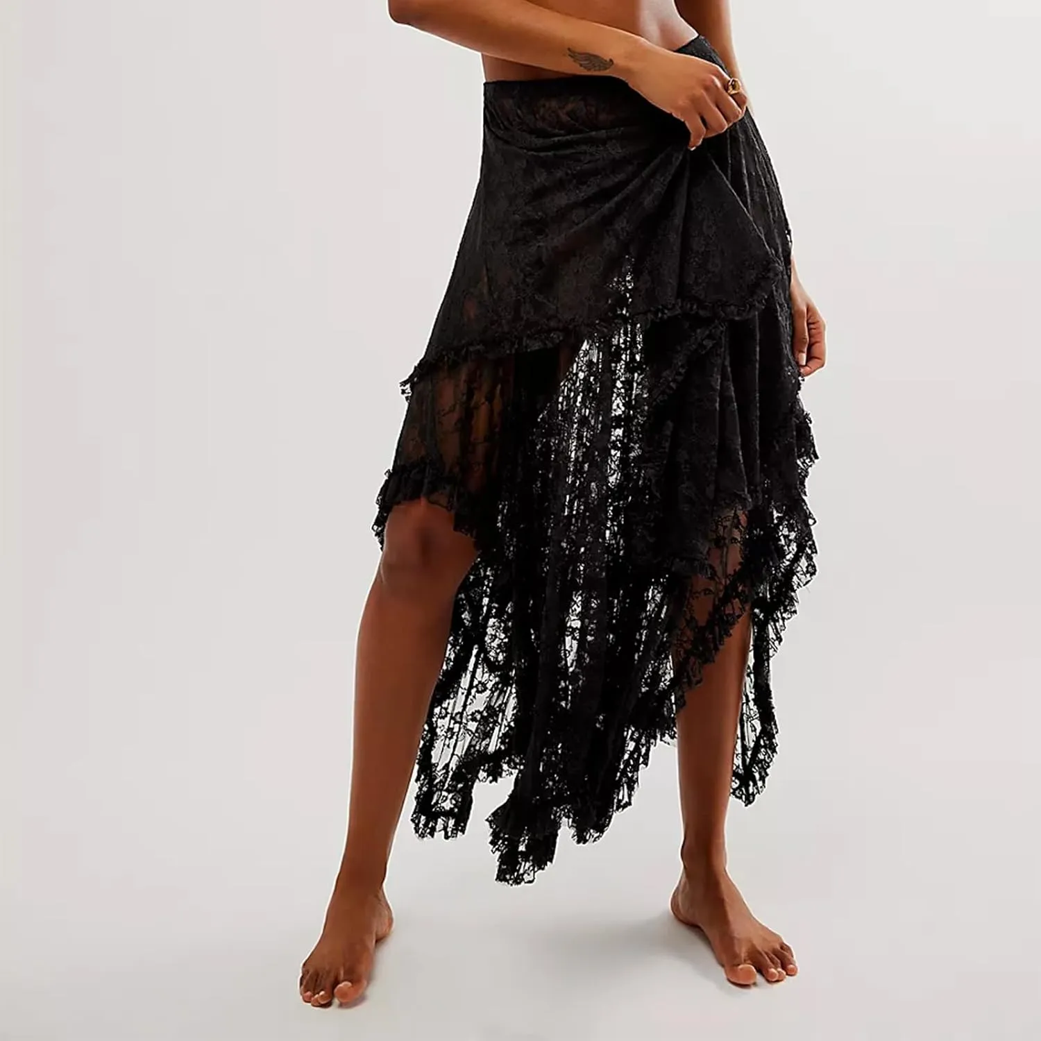 Women Y2K Lace Long Skirts Layered Hem Sheer See Through Festival Flowy A-line Maxi Skirts Boho Beach Floral Dress