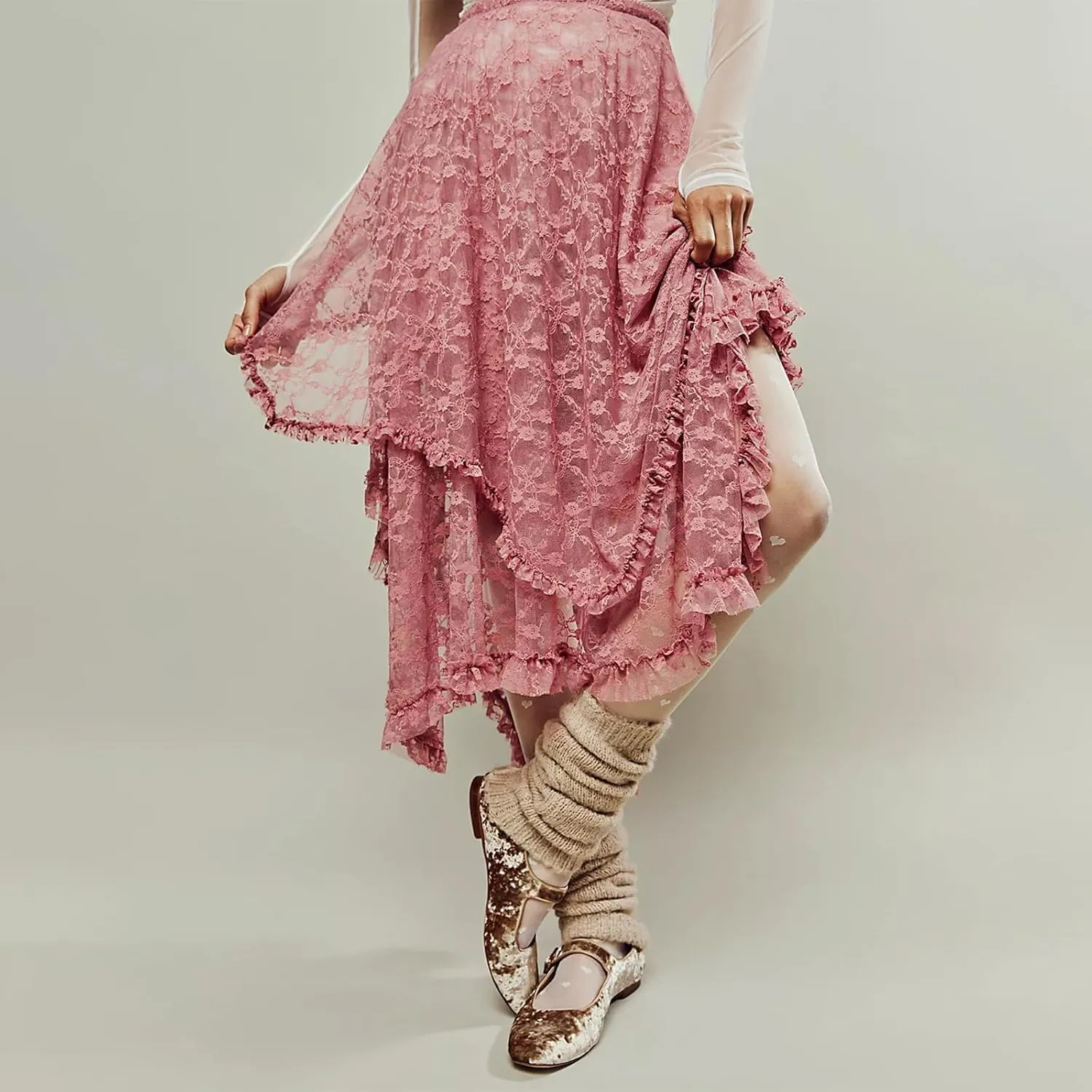 Women Y2K Lace Long Skirts Layered Hem Sheer See Through Festival Flowy A-line Maxi Skirts Boho Beach Floral Dress
