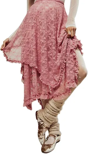 Women Y2K Lace Long Skirts Layered Hem Sheer See Through Festival Flowy A-line Maxi Skirts Boho Beach Floral Dress