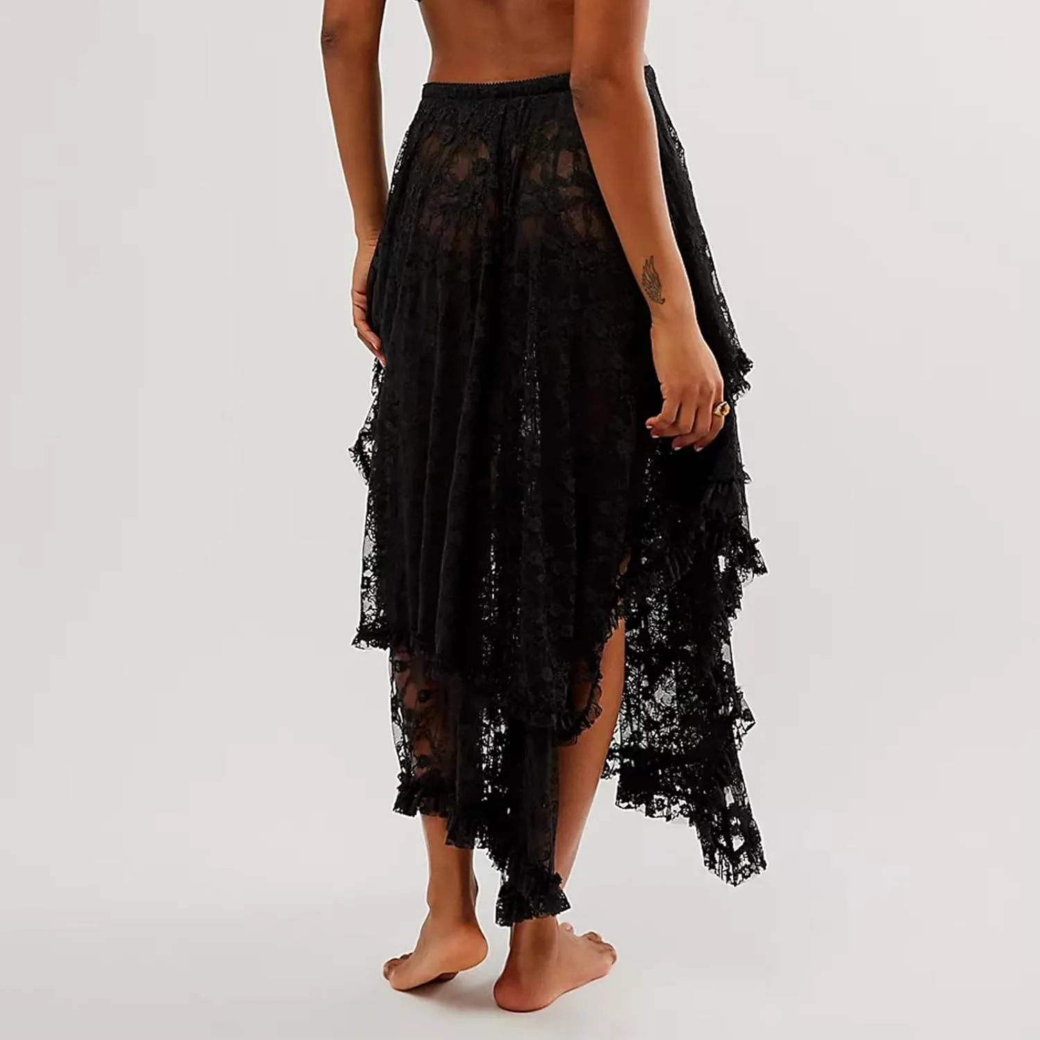 Women Y2K Lace Long Skirts Layered Hem Sheer See Through Festival Flowy A-line Maxi Skirts Boho Beach Floral Dress
