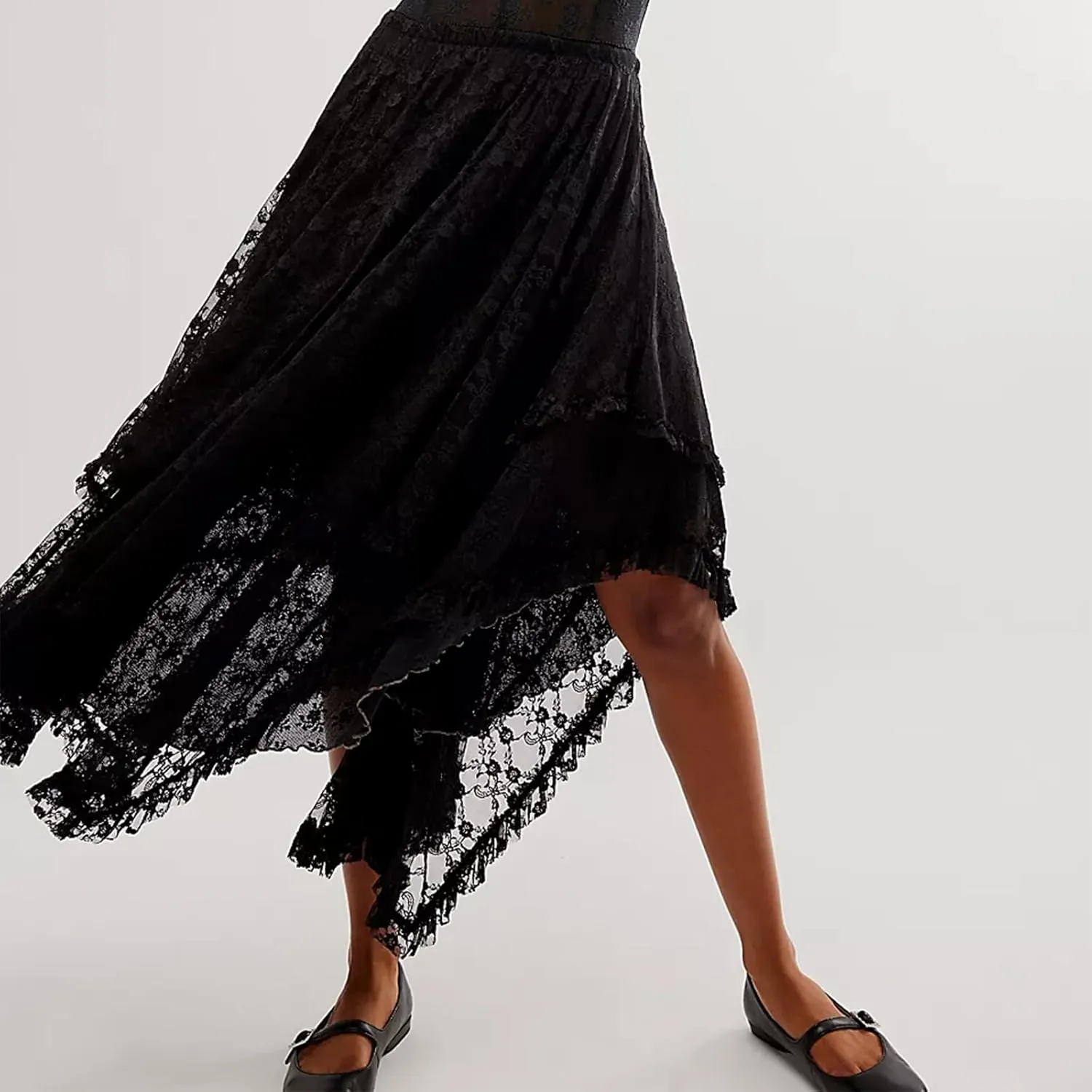 Women Y2K Lace Long Skirts Layered Hem Sheer See Through Festival Flowy A-line Maxi Skirts Boho Beach Floral Dress