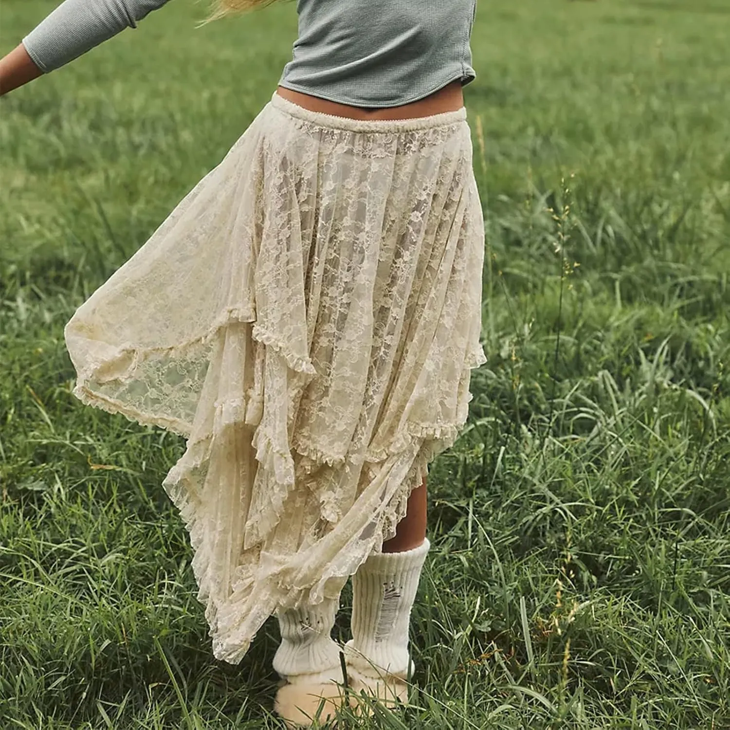 Women Y2K Lace Long Skirts Layered Hem Sheer See Through Festival Flowy A-line Maxi Skirts Boho Beach Floral Dress