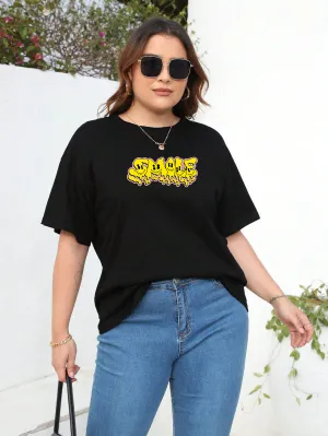 Women's Black SMILE Typography Printed Cotton Oversized Long T-Shirt