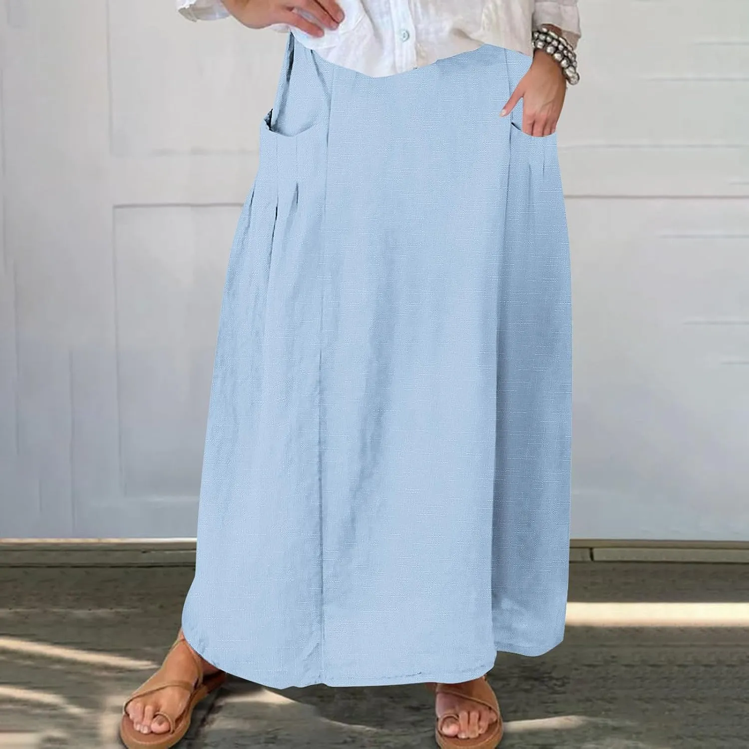 Women's Flowy Maxi Skirt Ankle Length High Waist A-line Skirts Summer Casual Flowy Long Skirts with Pockets