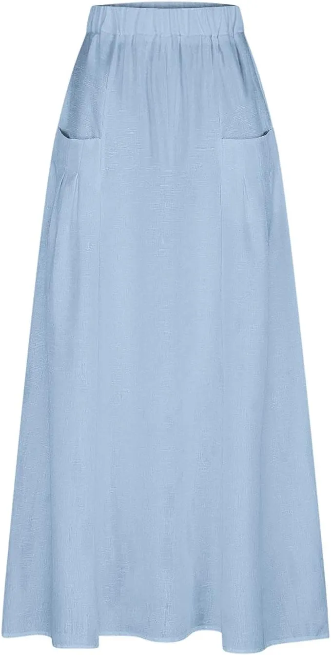 Women's Flowy Maxi Skirt Ankle Length High Waist A-line Skirts Summer Casual Flowy Long Skirts with Pockets