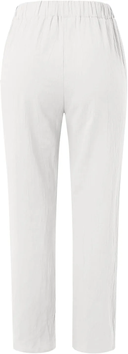 Womens Linen Summer Fashion Pants Elastic Waisted Wide Leg Slim Fit Trousers Trendy
