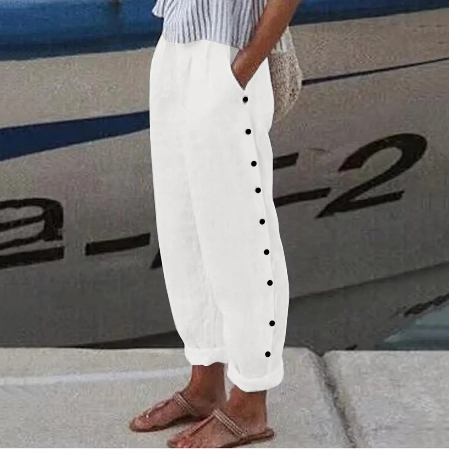 Womens Linen Summer Fashion Pants Elastic Waisted Wide Leg Slim Fit Trousers Trendy