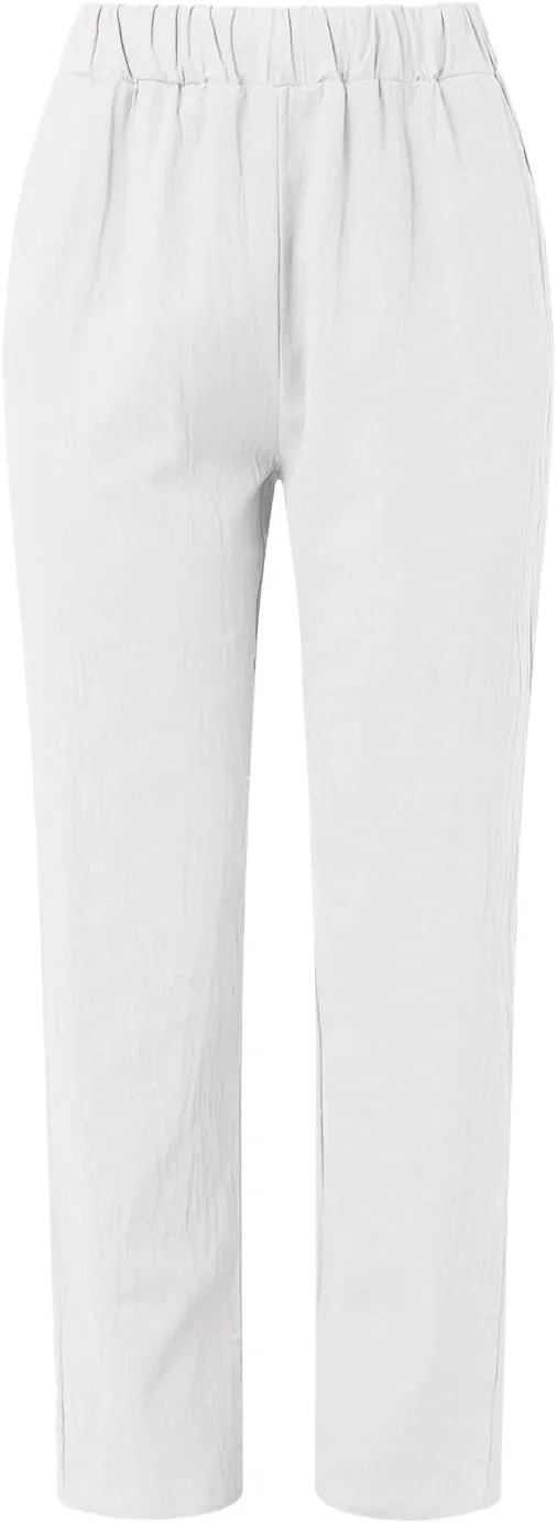 Womens Linen Summer Fashion Pants Elastic Waisted Wide Leg Slim Fit Trousers Trendy