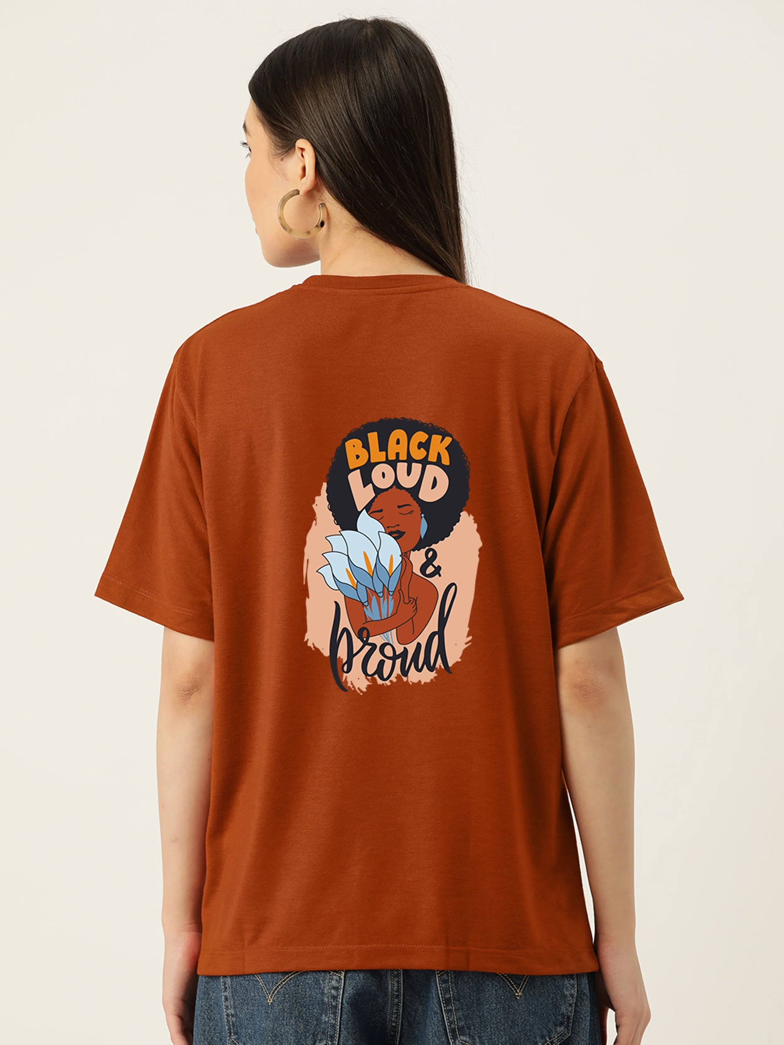 Women's Orange Graphic Printed Cotton Drop Shoulder Long T-Shirt