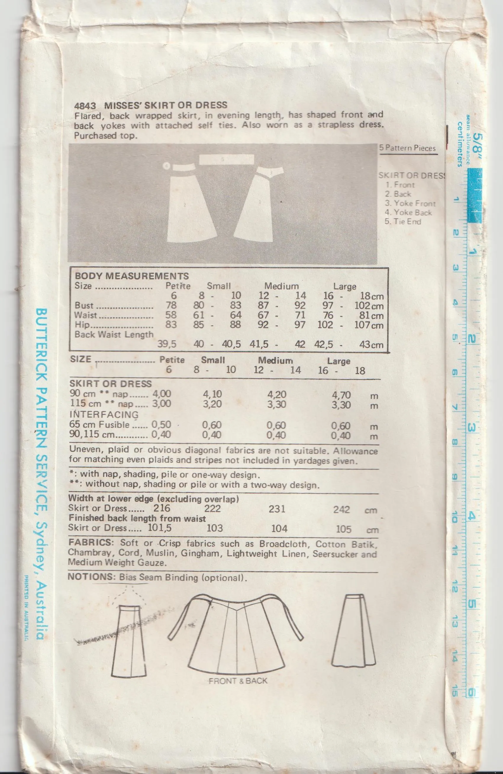 Wrap Skirt or Strapless Dress - Waist 61-64 cm - Vintage Pattern - Butterick 4843 - 1977